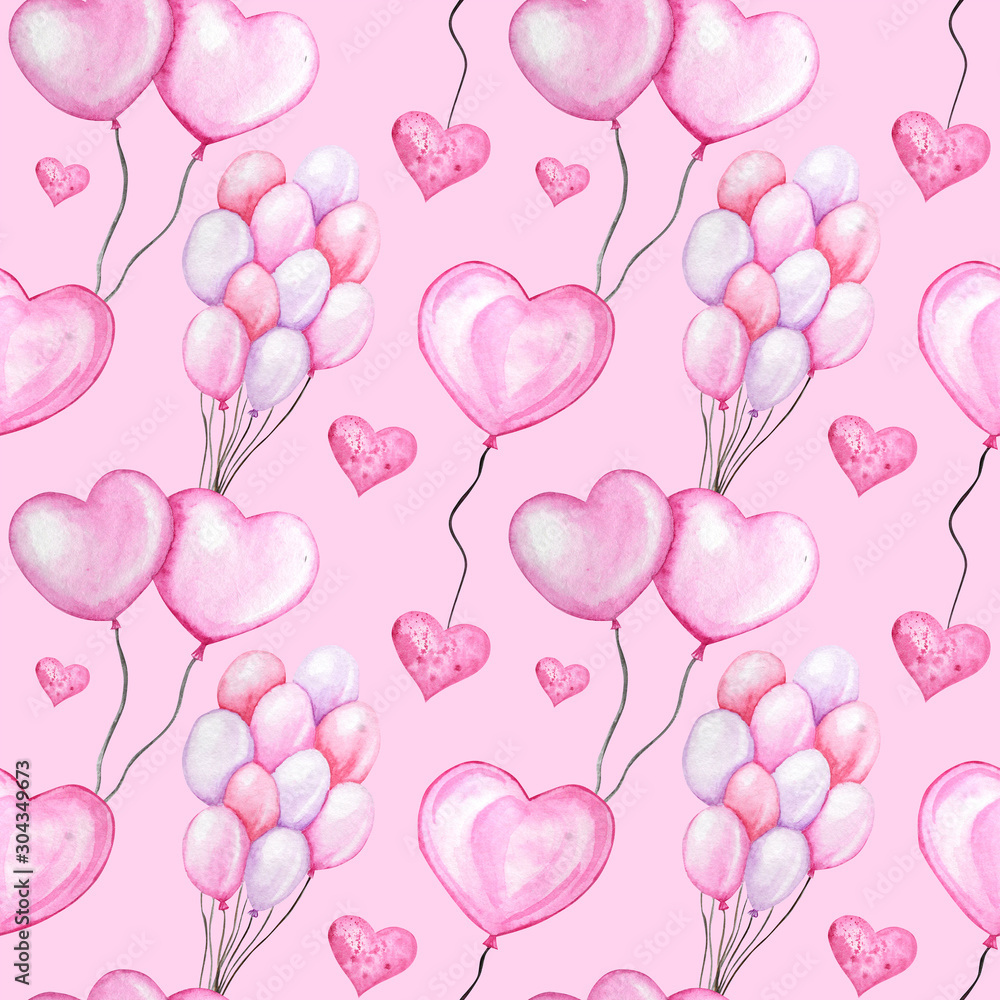 Seamless pattern Watercolor heart balloon, love Greeting card concept. Wedding, Valentine's Day banner, poster design. Hand drawn red pink hearts on pink background. Balloons texture for scrapbooking