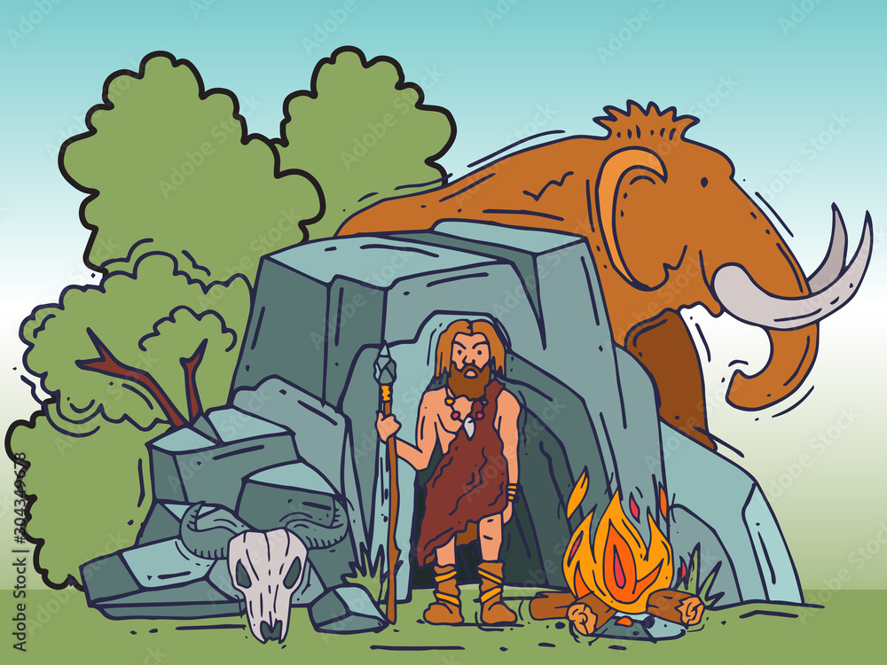 Ancient cartoon caveman standing near his cave vector illustration