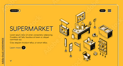 Supermarket isometric landing page. Empty store interior with production on shelves, cashier desk, shopping trolleys and bags for purchasing, entrance gate. 3d vector line art illustration, web banner