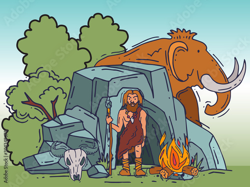 Ancient cartoon caveman standing near his cave vector illustration. Historic primitive dweller, anciently human of stoneage. Cavern, mammoth and neanderthal with spear poster