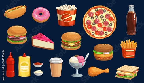 Fast food meal, drink and dessert vector icons. Burger sandwich, hamburger, pizza and hot dog with soda, french fries and chicken leg with ketchup, donut, cheeseburger and popcorn with coffee