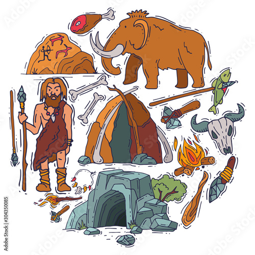 Ancient man stone age cartoon caveman set isolated vector illustration. Historic primitive cave, anciently stoneage human. Knife, cudgel and fire are tools for survival