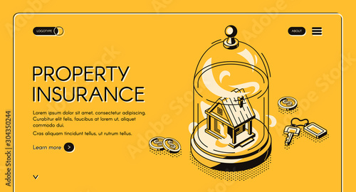 Property insurance isometric landing page. Real estate building stand under glass dome with keys and money scattered around. Home accident protection service 3d vector illustration line art web banner