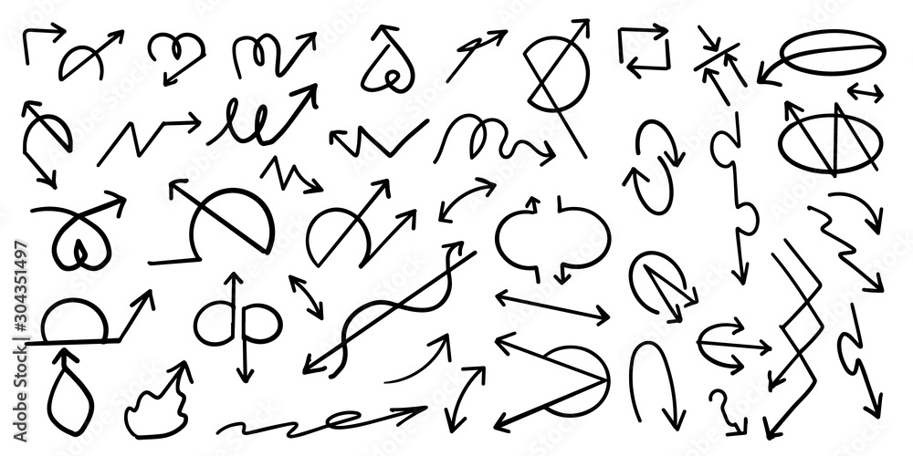 Arrows hand drawn doodle vector set. Sketch arrow design for application, banner, print screen, pen marks, map and typography design guide line. Arrows hand drawn doodle vector set. Sketch arrow design for application, banner, print screen, pen marks, map and typography design guide line.