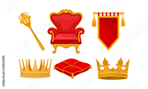 Monarchy Attributes Vector Set. Golden Power Symbols Collection