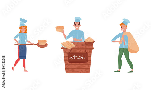 Smiling Baker Characters Baking Bread and Making Confections Vector Illustrations