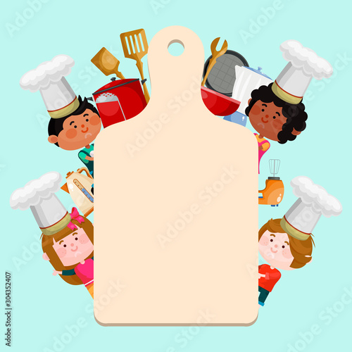 Chefs kids cooking classes template vector illustration. Cartoon characters kids in hats with empty board for text. Little chefs background templates for menu or banner