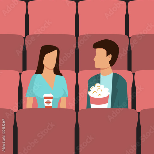 Young couple sitting and watching movie in cinema. Guy and girl with popcorn and drink in cinematograph vector illustration.