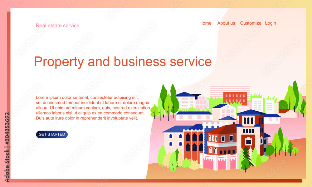 Real estate service concept. Group of houses. Discover your dream property. Web Design Landing Page Template