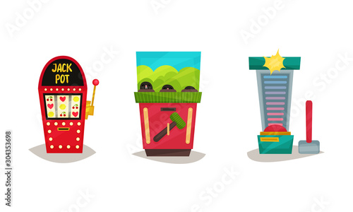 Slot Machines Vector Set. Gaming Industry Equipment Collection