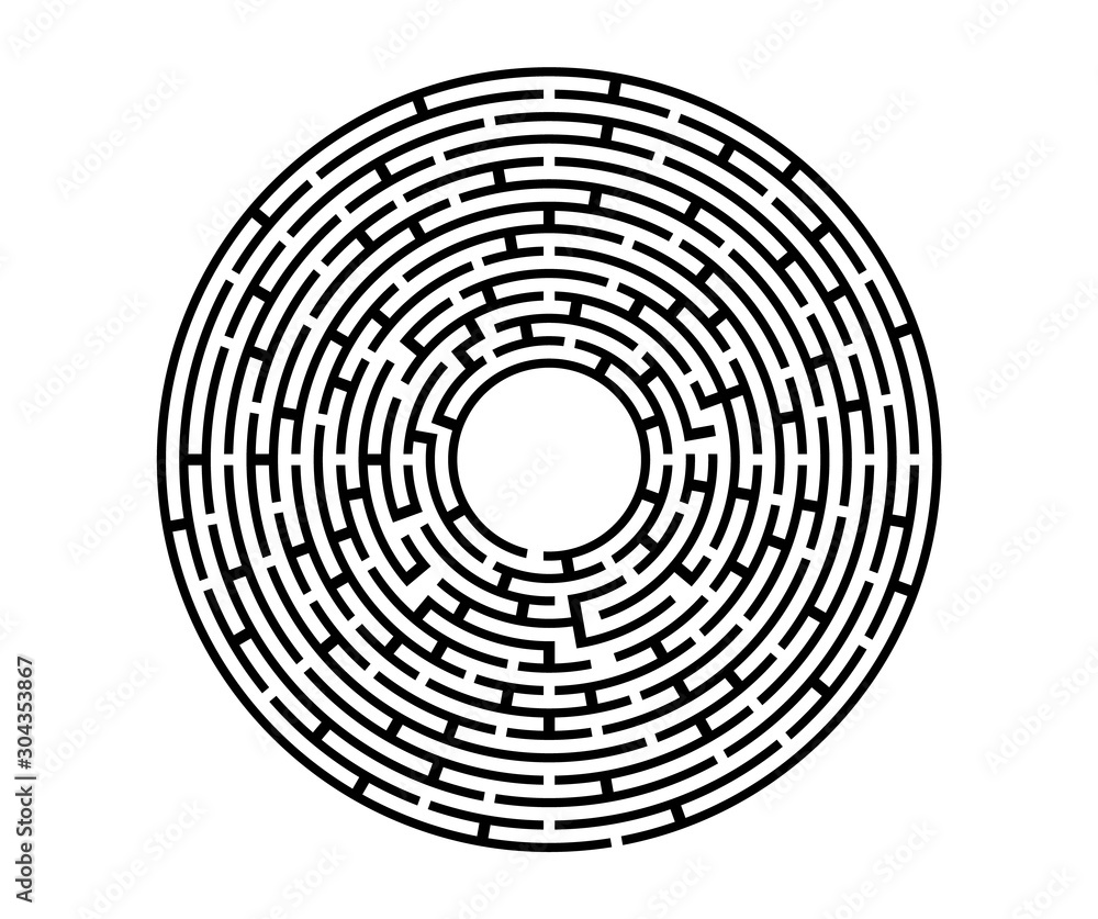 Black vector labyrinth in flat style on an isolated white background. Round maze puzzle. A game for the of logic, intelligence, find the way exit from the circle. Black vector labyrinth in flat style on an isolated white background. Round maze puzzle. A game for the of logic, intelligence, find the way exit from the circle.
