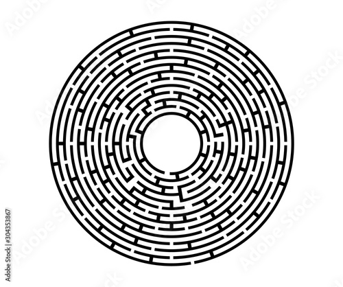 Black vector labyrinth in flat style on an isolated white background. Round maze puzzle. A game for the of logic, intelligence, find the way exit from the circle.