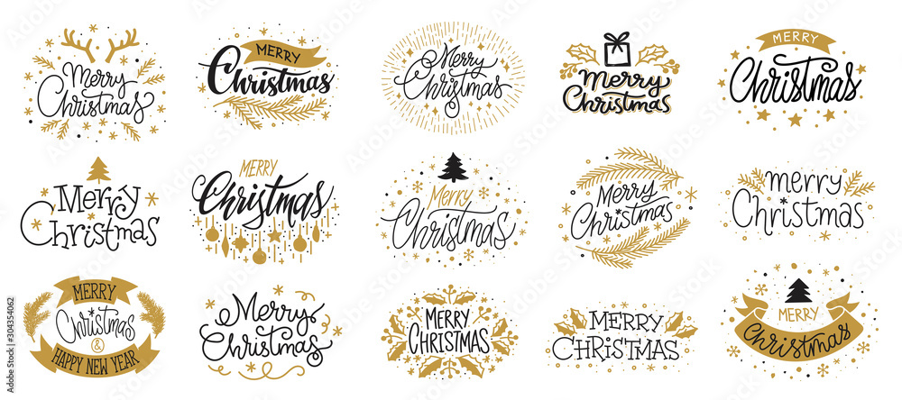 Merry christmas new year gold black lettering - obrazy, fototapety, plakaty 