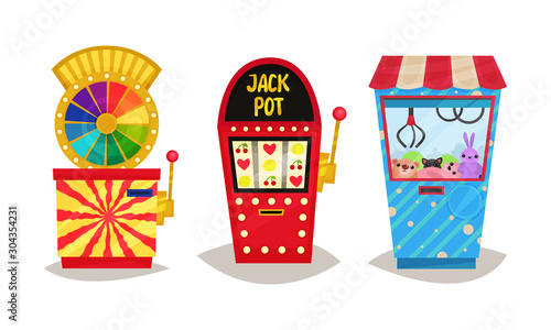 Slot Machines Vector Set. Gaming Industry Equipment Collection