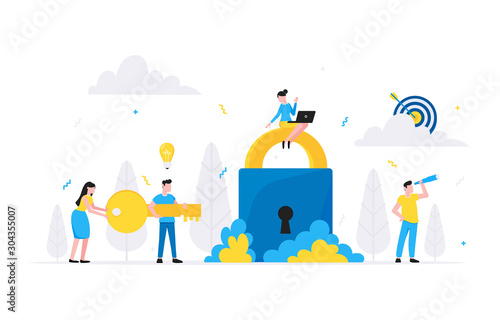 Teamwork concept with tiny people characters working together with big target and tiny people characters. Teamwork and time management concept flat style design vector illustration isolated white.
