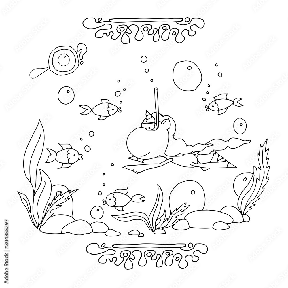 find letter o funny cartoon unicorn animals alphabet a coloring page printable worksheet unicorns swims underwater in an underwater mask stock vector adobe stock
