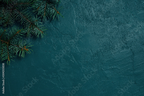 Fir branches on the textured dark emerald background photo