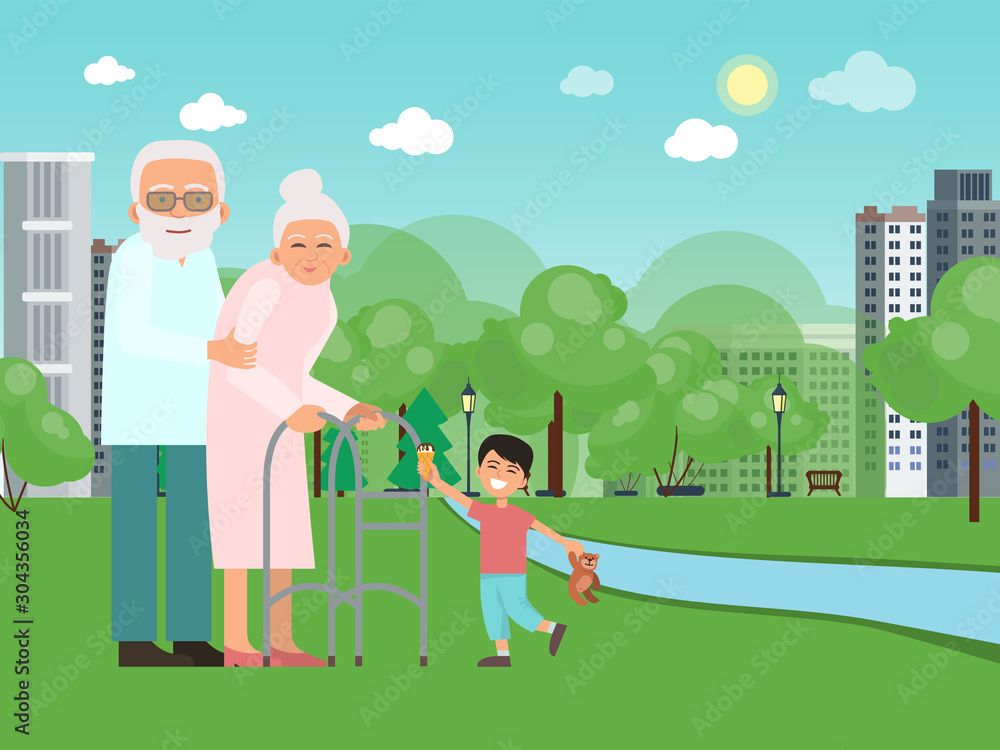 Grandparents with grandson in summer park vector illustration. Happy family outdoor. Granny and child together Grandparents with grandson in summer park vector illustration. Happy family outdoor. Granny and child together