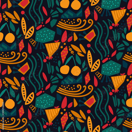 Seamless vector pattern with cherry and abstract geometric shapes in Scandinavian flat style. Colorful graphic elements on a dark background. Fashionable print, Creative modern vintage design. Vector.