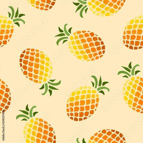 Seamless pattern with bright colored pineapple fruits with leaf. Modern design. Print for fabric, wrapping papers, wallpapers, covers, summer clothes. Creative vector illustration