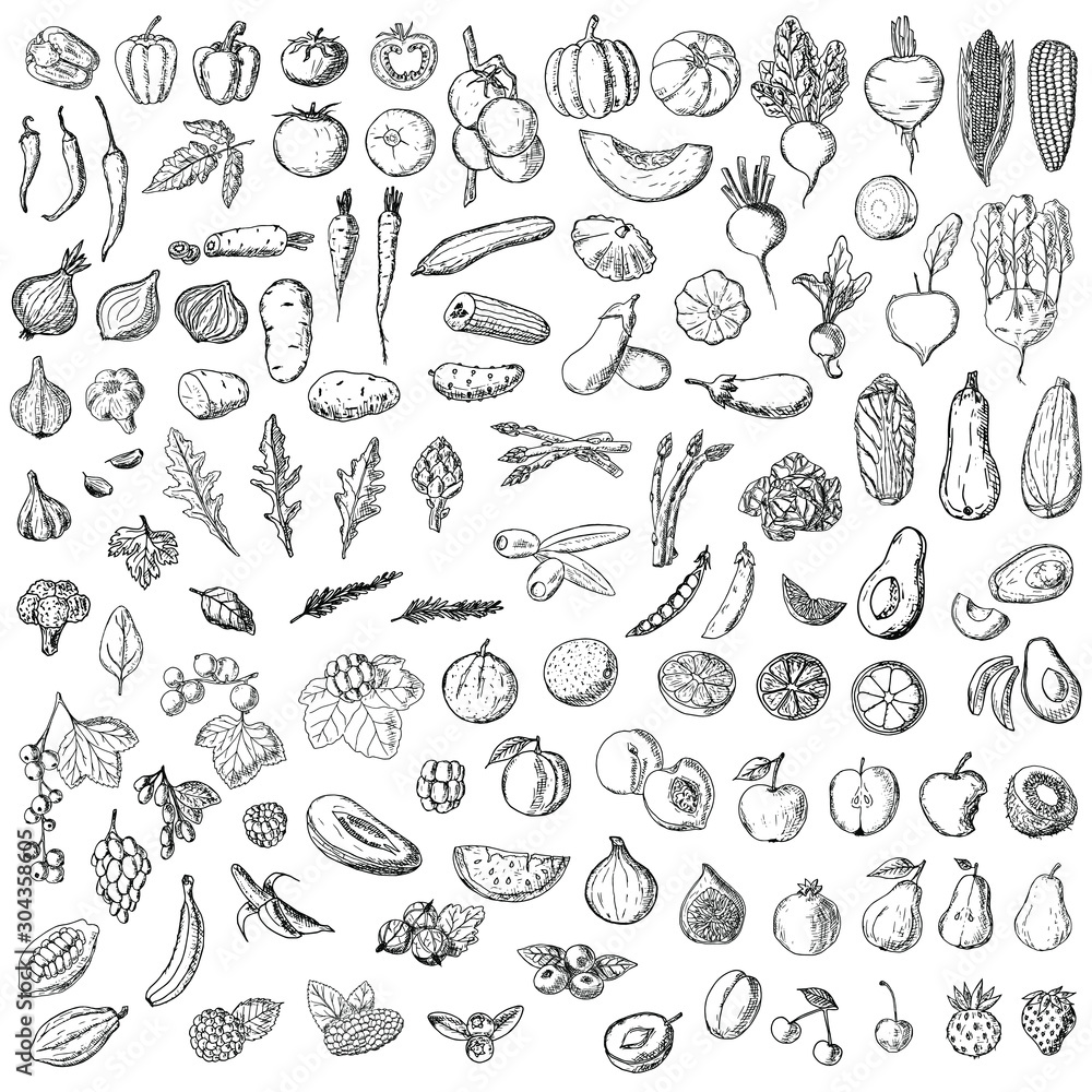 Set of vegetables, fruits and berries. Vector cartoon illustration. Isolated objects on a white background. Hand-drawn style. - obrazy, fototapety, plakaty 