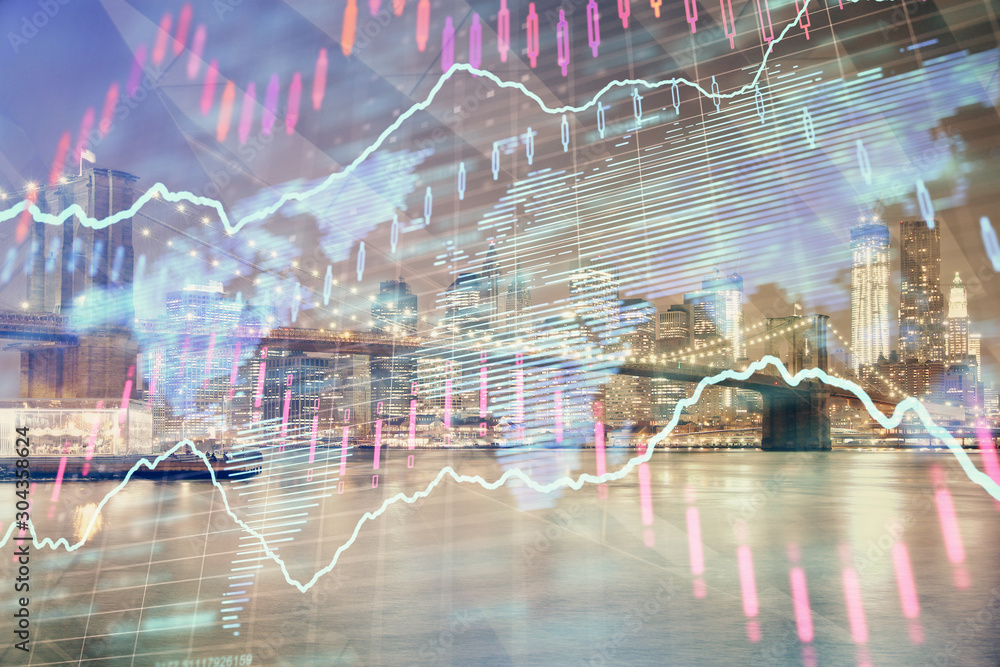 Financial chart on city scape with tall buildings background multi exposure. Analysis concept. Financial chart on city scape with tall buildings background multi exposure. Analysis concept.