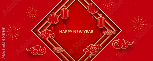 Chinese New Year couplets template, Chinese New Year traditional elements vector background illustration, red lanterns and auspicious clouds pattern