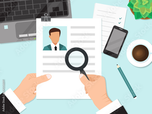 Businessman holding cv resume and magnifier vector illustration. Job recruiter reading resume of person with magnifying glass.