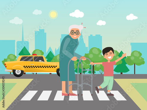 Boy helps to grandma across the road vector illustration. Little child and grandmother on the crosswalk. Boys helping to old people