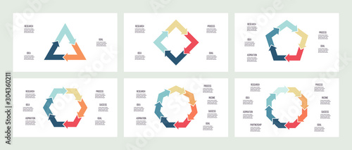 Business infographics. Polygon charts with 3, 4, 5, 6, 7, 8 parts, options. Vector templates.