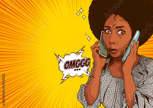 comic book style stock images, picture of beautiful african american woman talking on two phones, She is busy and stressed about talking business work, cover template on yellow background, speech bubb