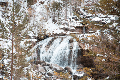 Ordesa National Valley in snowy autumn, located in Pyrenees Spain