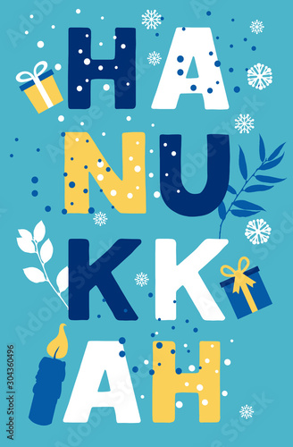 Jewish holiday Hanukkah greeting card traditional Chanukah symbols - candles, gift, illustration on blue, letters,headline.