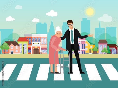 Man cares about old people on the roads vector illustration. Businessman and grandmother on the crosswalk.