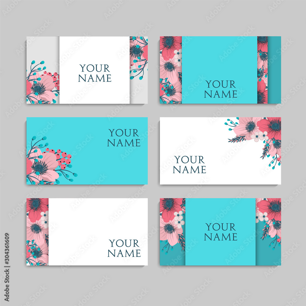 Mint green business cards pink flower template