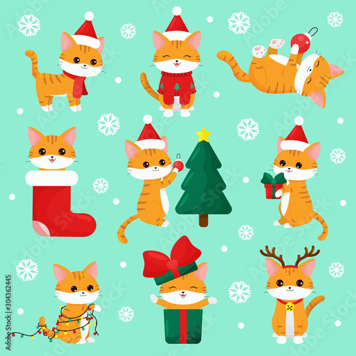 Cute kawaii cats with gifts, Christmas tree, garland, dressed up deer and sweater. Cartoon vector character. Happy New Year stickers.