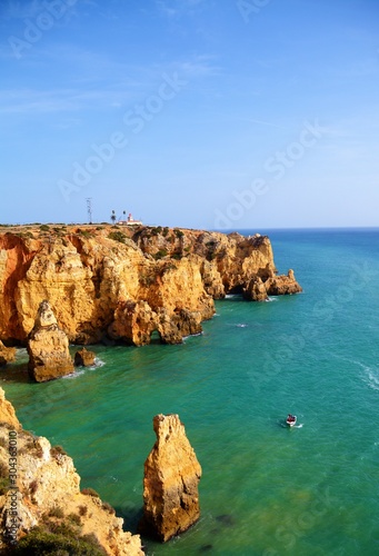 Boat with tourists on the coast of the Algarve - Portugal 01.Nov.2019