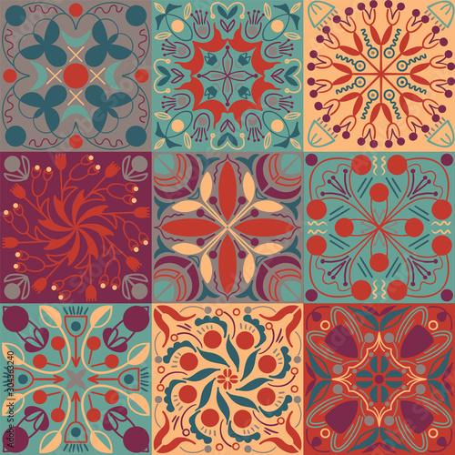 Vector bright colors ethnic tiles seamless pattern