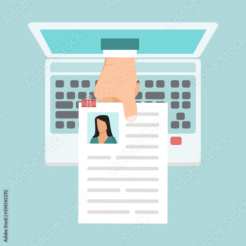 Online resume vector illustration. Business concept of online recruitment. Cv of candidate on laptop screen.