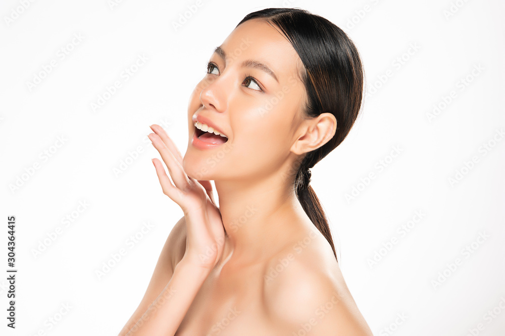 Beautiful young Asian woman touching soft cheek and smile with clean and fresh skin. Happiness and cheerful with, isolated on white background, Beauty and Cosmetics Concept, Beautiful young Asian woman touching soft cheek and smile with clean and fresh skin. Happiness and cheerful with, isolated on white background, Beauty and Cosmetics Concept,