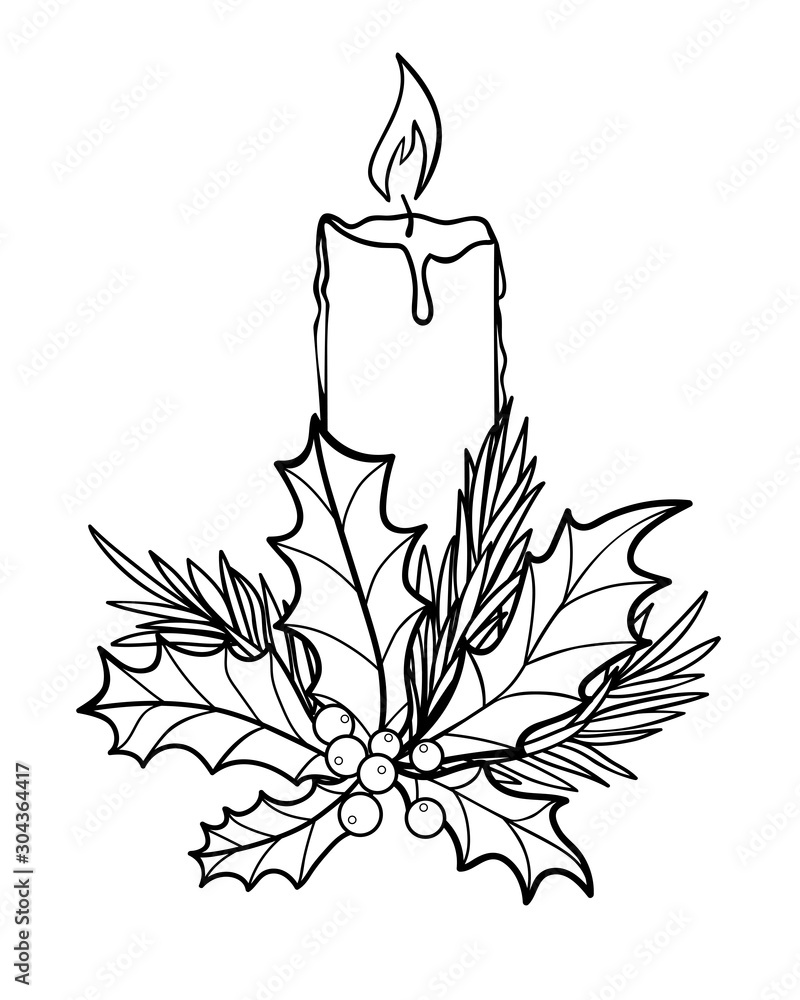 Candle. Christmas burning, wax candle decorated with evergreens