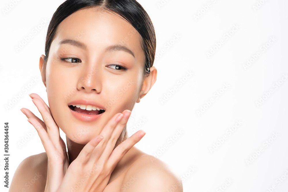 Beautiful young Asian woman touching soft cheek and smile with clean and fresh skin. Happiness and cheerful with, isolated on white background, Beauty and Cosmetics Concept, Beautiful young Asian woman touching soft cheek and smile with clean and fresh skin. Happiness and cheerful with, isolated on white background, Beauty and Cosmetics Concept,