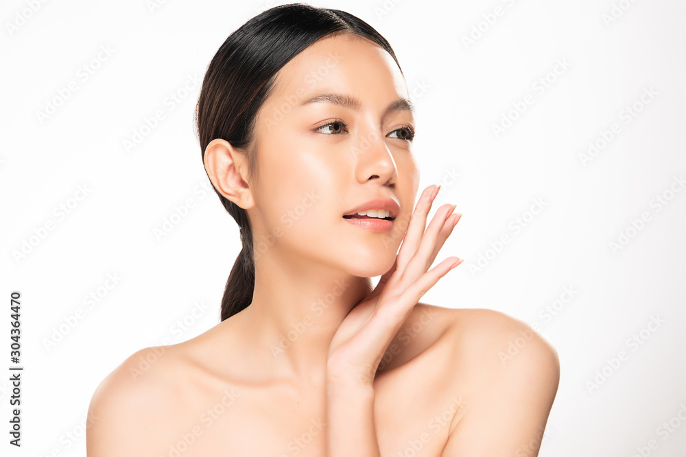 Beautiful young Asian woman touching soft cheek and smile with clean and fresh skin. Happiness and cheerful with, isolated on white background, Beauty and Cosmetics Concept, Beautiful young Asian woman touching soft cheek and smile with clean and fresh skin. Happiness and cheerful with, isolated on white background, Beauty and Cosmetics Concept,