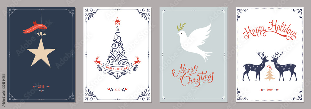 Elegant vertical winter holidays greeting cards with New Year tree, dove, deers, Christmas ornaments and ornate typographic design. 
