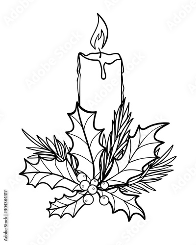 Candle. Christmas burning, wax candle decorated with evergreens - spruce, holly. Fragrant festive, traditional candle. Aromatherapy - linear vector illustration for coloring. Outline. hand drawing.