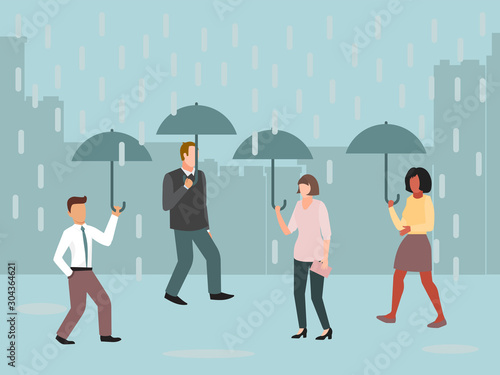 Urban people under umbrellas in rainy day vector illustration. Rain, grey clouds and bad weather in the cities.