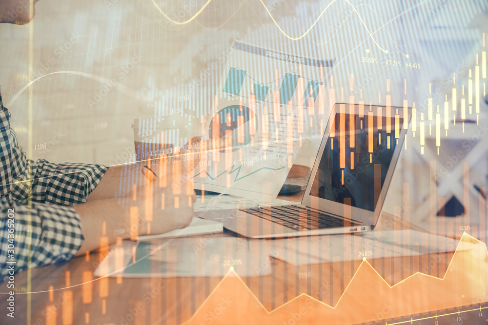 Double exposure of financial graph with man works in office on background. Concept of analysis. Double exposure of financial graph with man works in office on background. Concept of analysis.