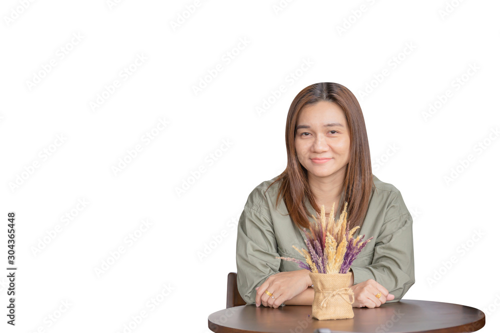 Happy smart young asian woman sitting relax and smiling over white background Happy smart young asian woman sitting relax and smiling over white background