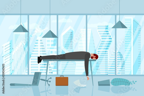 Professional burnout syndrome. Exhausted sick tired male manager in office sad boring lies with head down on table. Frustrated worker mental health problems. Vector long work stress illustration