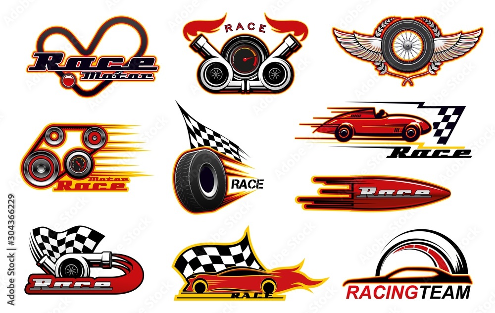 Car races, motor street racing engine and wheel fire flame icons ...